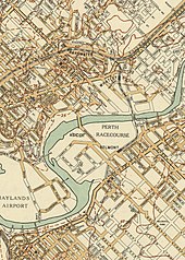 Map of Bayswater, Ascot and surrounds in 1945, showing Garratt Road Bridge and the railway bridge to the east on either side of Ascot Racecourse Belmont Railway Line 1945.jpg