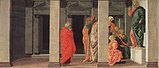 Botticelli, altaarstuk van de bekeerlingen, predella 02, Magdalena luistert naar de preek van Christus.jpg