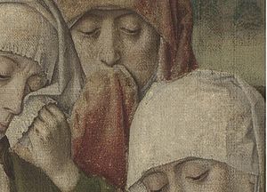 Detail showing the heads of Mary Salome, Mary of Clopas and The Virgin. The loss of paint (in the red cloth) and film of dirt (in the top right corner) are clearly visible. Bouts Entombment detail.jpg