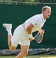 Brydan Klein competing in the first round of the 2015 Wimbledon Doubles Qualifying Tournament with David Rice at the Bank of England Sports Grounds in Roehampton, England. The winners of two rounds of competition qualify for the main draw of Wimbledon the following week.