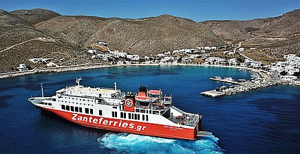 C/P/F "Dionisios Solomos" owned by Greek ferry company Zanteferries at Folegandros island port, West Cycades islands, Aegean Sea.