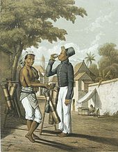 Lithograph of a palm wine vendor and a native KNIL soldier consuming tuak (1854)