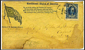 T.Jefferson, 1861
Confederate 10-cent Thomas Jefferson. Postmark, Richmond, Virginia, November 11, 1861, circular date stamp on eleven-star flag patriotic envelope to Oxford, Georgia. CSA 1861 T Jefferson-10c.jpg