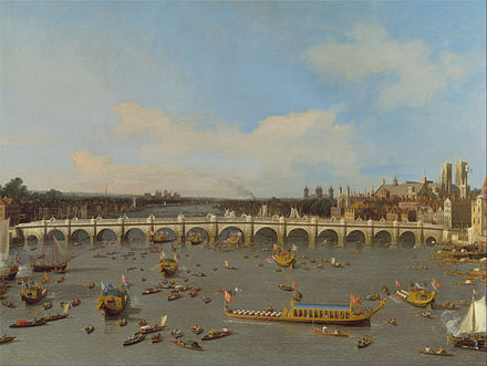 Westminster Bridge, painted by Canaletto before completion Canaletto - Westminster Bridge, with the Lord Mayor's Procession on the Thames - Google Art Project.jpg