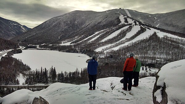 Cannon Mountain Ski Area and Echo Lake seen from Artist's Bluff, December 2018