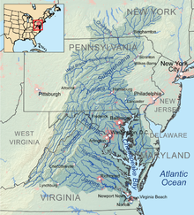 Map of the Chesapeake Bay. Tubman traveled south from Philadelphia to Baltimore where she met up with Tilly. They took a steamboat south through Chesapeake Bay and then northeast on the Nanticoke River, landing at Seaford (in the center of Delaware). They walked north to Bridgeville took a train to Camden, and a carriage to Wilmington. Then they traveled north to Philadelphia Chesapeakewatershedmap.png