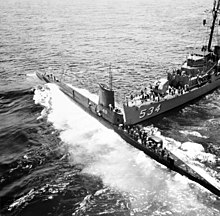 Collision between USS Stickleback (SS-415) and USS Silverstein (DE-534) on 29 May 1958. Collision between USS Stickleback (SS-415) and USS Silverstein (DE-534) off Oahu, Hawaii (USA), on 29 May 1958 (USN 1036229).jpg