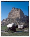 Covered wagons at visitor center. View NW. - Scotts Bluff Summit Road, Gering, Scotts Bluff County, NE HAER NE-11-54 (CT).tif