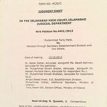 Islamabad High Court verdict reinstating Malik as Chairman NADRA on 13 December 2013 Crtpg1.jpg