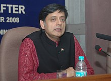 Tharoor in 2008 Dr. Shashi Tharoor delivering a Talk on "Terrorism Mumbai and After", as part of the Lecture Series for Members of Parliament, organised by the Bureau of Parliamentary Studies and Training (BPST), in New Delhi.jpg