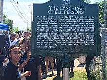 A historical marker was dedicated near the site on the 100-year anniversary of the lynching. Ell Persons Marker Dedication in Memphis, Tennessee.jpg