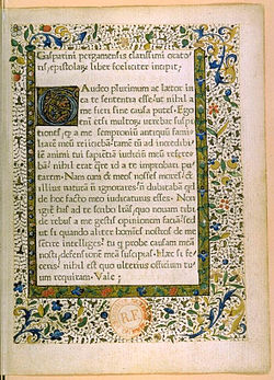 Frontispico de la unua libro presita en Francio, en 1470: Epistolae far Gasparino da Bergamo, el la preslaborejo de Johannes Lapidanus