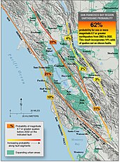 A map displaying each of the seven major fault lines in the Bay Area and the probability of an M6.7 or higher earthquake occurring between 2003 and 2032 Eq-prob.jpg