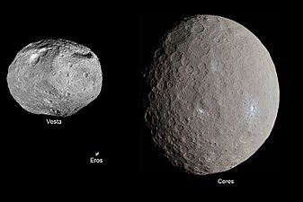 Comparația dimensiunilor Vesta, Ceres și Eros