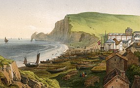 Lithographie de Léon-Auguste Asselineau. La plage d'Étretat et la falaise d'amont (1865).