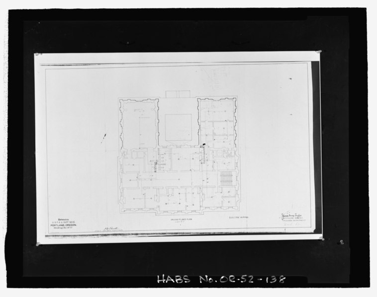 File:Extension U.S. P.O. and Court House, Portland, Oregon, Drawing No. W-25, Second Floor Plan-Electric Wiring (1903) - Pioneer Post Office, 700 SW Sixth Avenue, Portland, Multnomah HABS ORE,26-PORT,2-138.tif