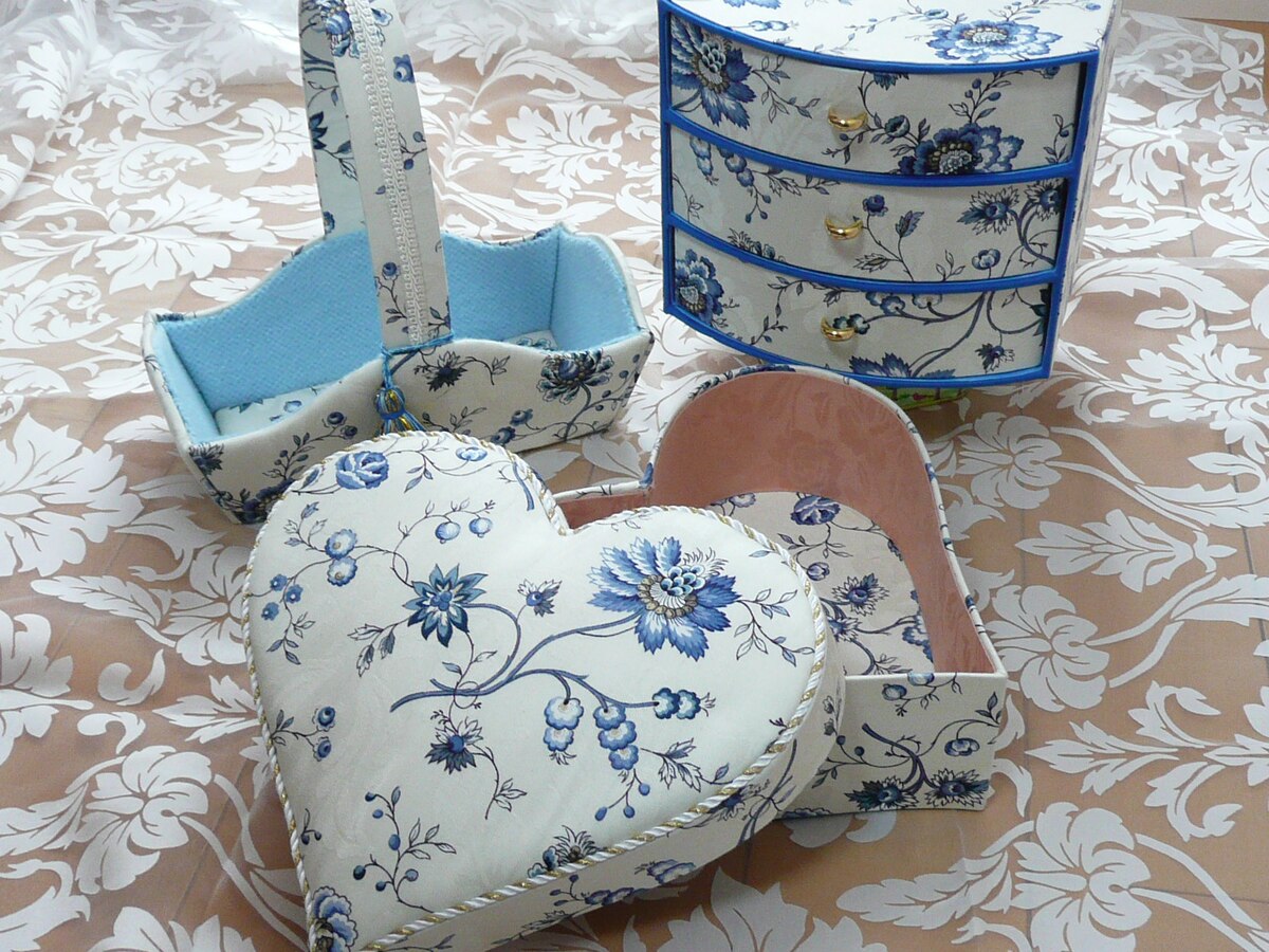 File Fabric Covered Basket Chest Of Drawers And Heart Shaped Box