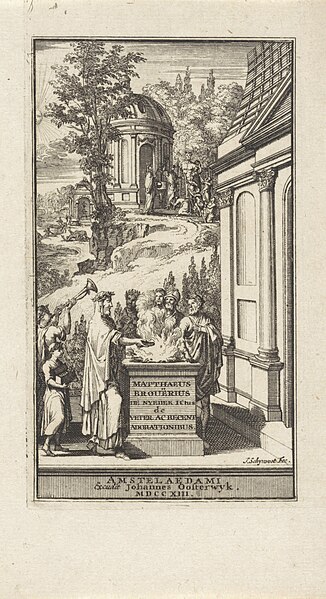 File:Figuren brengen offers naar een brandend altaar Titelpagina voor M. Brouërius van Nidek, De populorum veterum ac recentiorum adorationibus dissertatio, 1713, RP-P-1907-4881.jpg