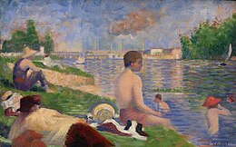 Laatste studie voor de Baders bij Asnières van Georges Seurat, 1883. Het violet is hier vooral te vinden in de waterpartij op de voorgrond en in delen van de lucht.