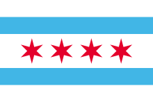 Five horizontal stripes, arranged from top to bottom white, blue, white, blue, and white. The middle white stripe is the widest, occupying roughly a third of the flag's height, while the other four stripes are roughly equal in width. There are four red six-pointed stars in the middle white stripe.