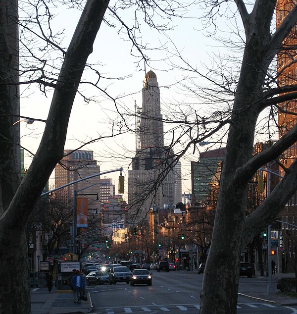 Looking north from Grand Army Plaza towards the Williamsburgh Savings Bank Tower