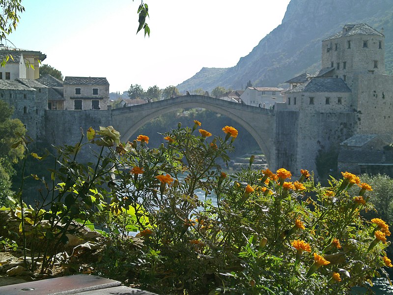 File:Flowers and Bridge Mostar Bosnia (10675706024).jpg