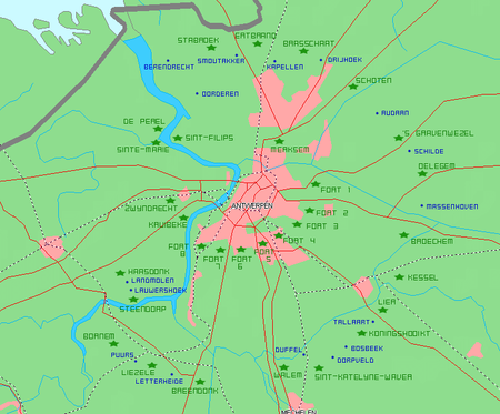 Forten rond Antwerpen (groen zijn forten, blauw zijn redoutes of schansen)