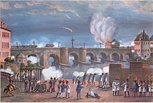 Bataille opposant la Grande Armée napoléonienne aux troupes austro-bavaroises sur le pont de Francfort en 1813, gouache anonyme.