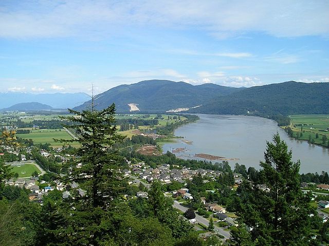 The Fraser River, from the grounds of Westminster Abbey, above Hatzic in Mission, British Columbia, looking upstream (E)