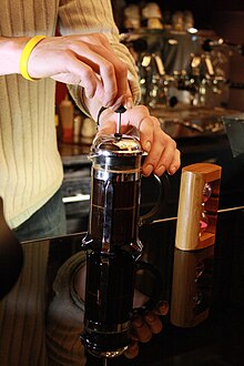 French press cafetiere with coffee on Coffee Right in Brno, Brno-City District.jpg