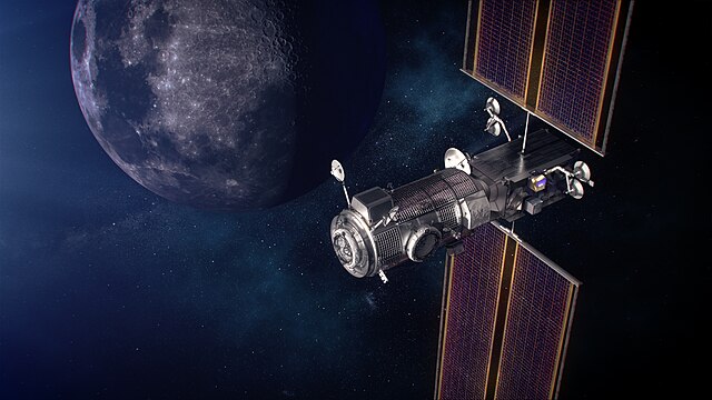 An illustration of the Gateway in orbit around the Moon. The orbit of the Gateway will be maintained with Hall thrusters.