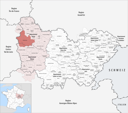 Die Communauté de Communities de Puisaye-Forterre (dunkler rot) in der Region Bourgogne-Franche-Comté, einschließlich des größten Teils von Puisaye mit Ausnahme seines westlichen Teils im Loiret