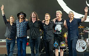 Foo Fighters at Glastonbury Festival 2023. From left: Chris Shiflett, Rami Jaffee, Dave Grohl, Nate Mendel, Josh Freese and Pat Smear.