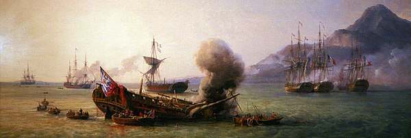 The Battle of Grand Port; Iphigenia is first from the left. By Pierre Julien Gilbert.