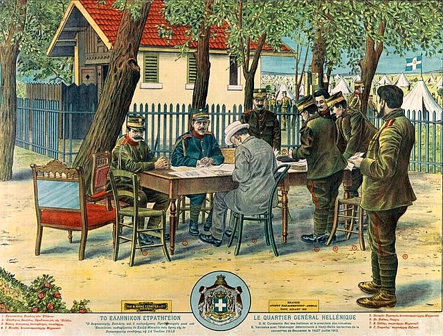 Constantine confers with Prime Minister Eleftherios Venizelos and members of the Greek General Staff prior to the Conference of Bucharest that ended t