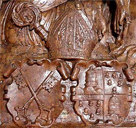Ausschnitt seines Grabdenkmals in der Berchtesgadener Franziskanerkirche (li: Wolfgang Griestätter;[5] re: Wappen der Fürstpropstei und der Griesstätters)