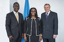 H.E. Mrs Ursula Owusu-Ekuful, Minister of Communications of Ghana and H.E. Mr Ramses Joseph Cleland with Malcolm Johnson at WSIS - 21 March 2018.jpg