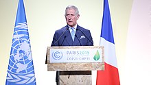 Addressing the opening of the Paris Climate Change Conference, November 2015 H.R.H the Prince of Wales addresses the opening of the Paris Climate Change Conference (23128701230).jpg