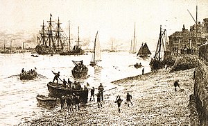A 1910 painting by William Lionel Wyllie c.1910-1914 showing Sea Scouts in action. HMS Victory Portsmouth Harbour, sea scouts in foreground RMG PU8351.jpg