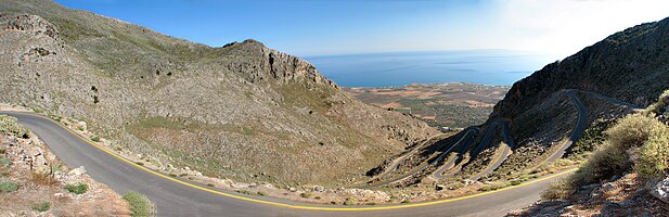 Panoramic view of some of the hairpin turns on the road between Kallikratis and Kapsodasos