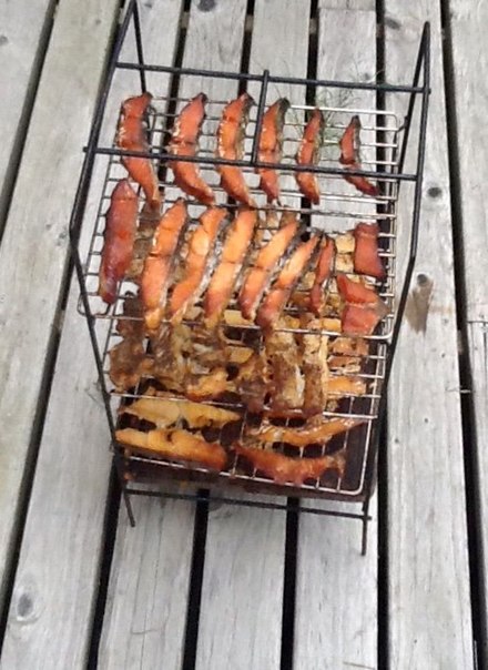 Skin-on strips of smoked Alaskan king salmon, on smoking rack just after a thirteen-hour smoking process