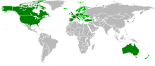 Map of countries contributing troops to ISAF as of 5 March 2010. Major contributors (over 1000 troops) in dark green, other contributors in light green, and former contributors in magenta. ISAF map.svg