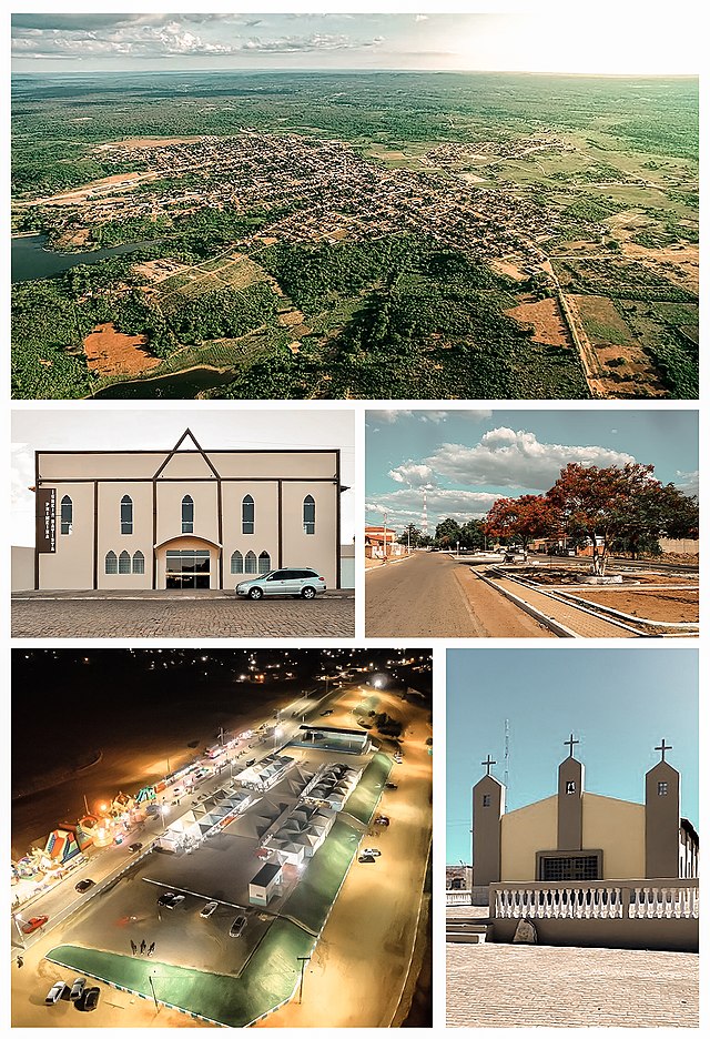 De cima para baixo, da esquerda para direita: Foto aérea de Avelino Lopes, Primeira Igreja Batista de Avelino Lopes, Avenida Sérgio Gama, Praça de Eventos em noite de Festejos, Paróquia da Igreja Católica.