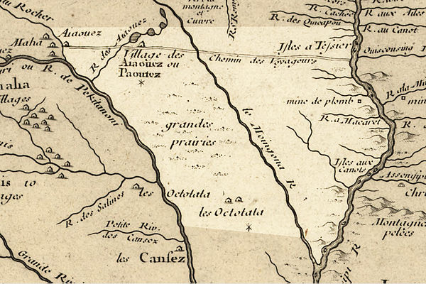 The Des Moines as it was depicted in 1718 by Guillaume Delisle; modern Iowa highlighted.