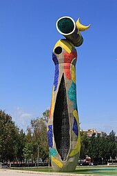 Dona i Ocell, by Joan Miró, 1983, glazed tile mosaic, Barcelona, Spain[80]