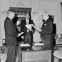John Gorton being sworn in as the 19th Prime Minister on 10 January 1968. To date, Gorton is the only Senator to have served as Prime Minister, though he would swiftly move to the House of Representatives as the member for Higgins. John Gorton Swearing In.jpg