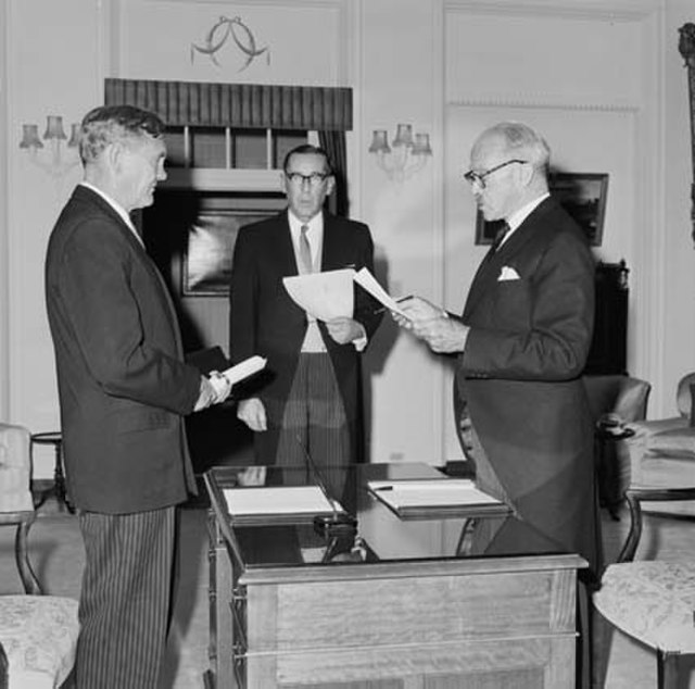 John Gorton being sworn in as the 19th Prime Minister on 10 January 1968. To date, Gorton is the only Senator to have served as Prime Minister, though