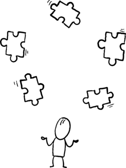 drawing of stick figure person juggling five puzzle pieces