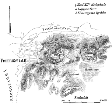 Karta över Karl XII:s dödsplats vid Fredriksten (ur Nordisk familjebok).