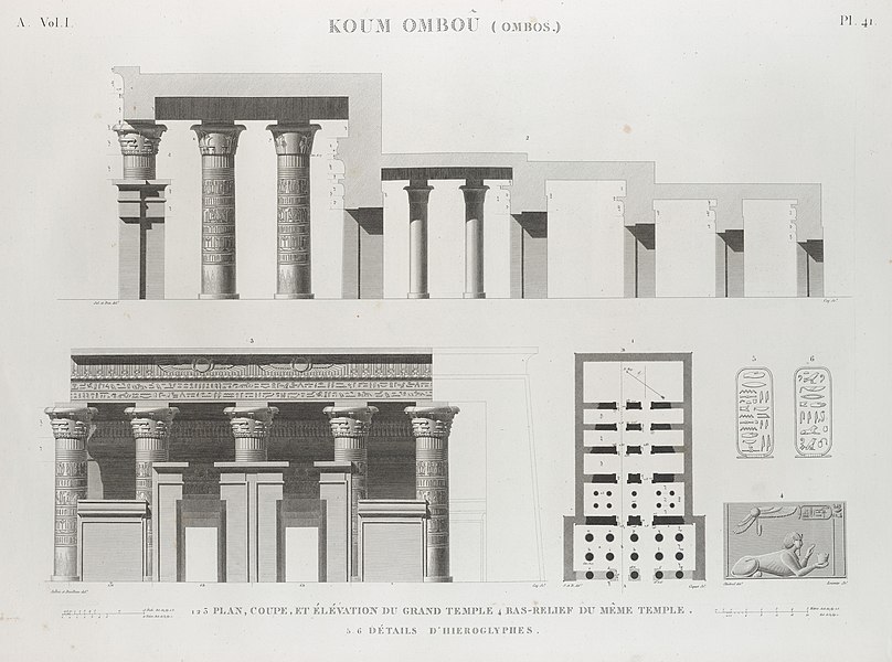 Pl.41 - 1-3. Plan, coupe, et élévation du Grand Temple 4. Bas-reliefs du même temple 5.6. Détails d'hieroglyphes